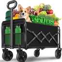 Collapsible Wagons Carts Foldable Wagon, Foldable Wagon Cart with Wheels, Folding Wagons for Beach Camp Sports Garden, 2 Cup Holders/ Lightweight Portable/ Black/ 360 LBS