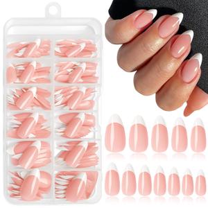 216PC White French Tip Press on Nails Medium Fake Nails Press ons with 10*Adhesive Tabs, Pink Almond Acrylic Nail Press on Nails French Tip Nails False Artificial Fingernails Stick on Nails