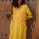 Lafural Womens V Neck Cotton Casual Loose Shift Tunic Smock Summer Dresses Vacation Dress 3/4 Sleeve Pocket (Yellow, M)