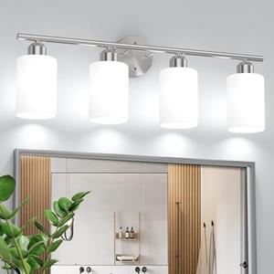 Espird Brushed Nickel Bathroom Vanity Light Fixtures, 4 Lights Vanity Lights Over Mirror, Farmhouse Wall Sconces with Textured Frosted Opal with Milky White Frosted Glass Shades