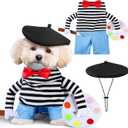 Dansydaisy Halloween Dog Costume Funny French Artist Dog Costume with Hat Painter Pet Clothes T-Shirt Jeans Beanie Beret Ties for Halloween Cosplay Brithday Party(S)