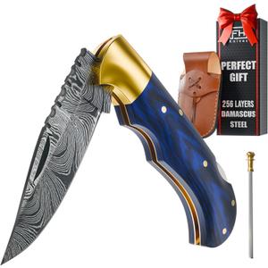 6.5 Inch Handmade Damascus Pocket Knife for Men - Damascus Steel Folding Knife with Sheath - Back Lock Pocket Knives for Men Christmas Gift for husband, boyfriend, Dad, brother (Pack of 1, Blue)