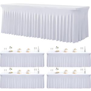 4 Pack Spandex White Tablecloths for 8 Foot Rectangle Tables, Wrinkle Free Fitted Table Cloth 8ft Stretchy Tablecover Desk Skirt for Parties Weddings Birthday Banquet Baby Shower
