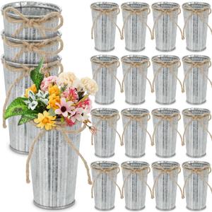 Ziliny 20 Pack 4.3 Inch Galvanized Metal Flower Vases Bulk Small Floral Flower Bucket Rustic Vintage Farmhouse Vases for Centerpiece Country Wedding Party Decor Western Home Table(Silver)