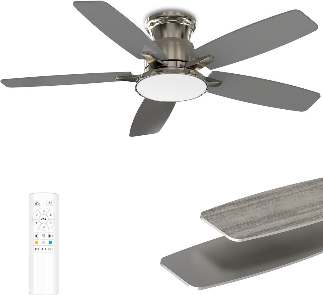 Flush Mount Ceiling Fan with Light, 42 Inch, Remote Control, 3CCT Dimmable LED, 6-Speed Silent Reversible DC Motor, Low Profile Hugger Ceiling Fan for Indoor/Outdoor 90-264V 50/60Hz Brushed Nickel