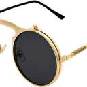 J&L Glasses Retro Flip-Up Round Goggles Steampunk Sunglasses, Black