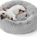 Bedsure Calming Dog Bed for Small Dogs - Donut Washable Small Pet Bed, 23 inches Anti-Slip Round Fluffy Plush Faux Fur Large Cat Bed, Fits up to 25 lbs Pets, Pale Grey (23.0"L x 23.0"W x 8.0"Th)