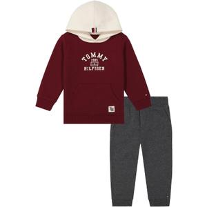 Tommy Hilfiger boys 2pc Fleece Hoodie Pant Set (18 Months, Cabernet/Birch/Stealth Heather)