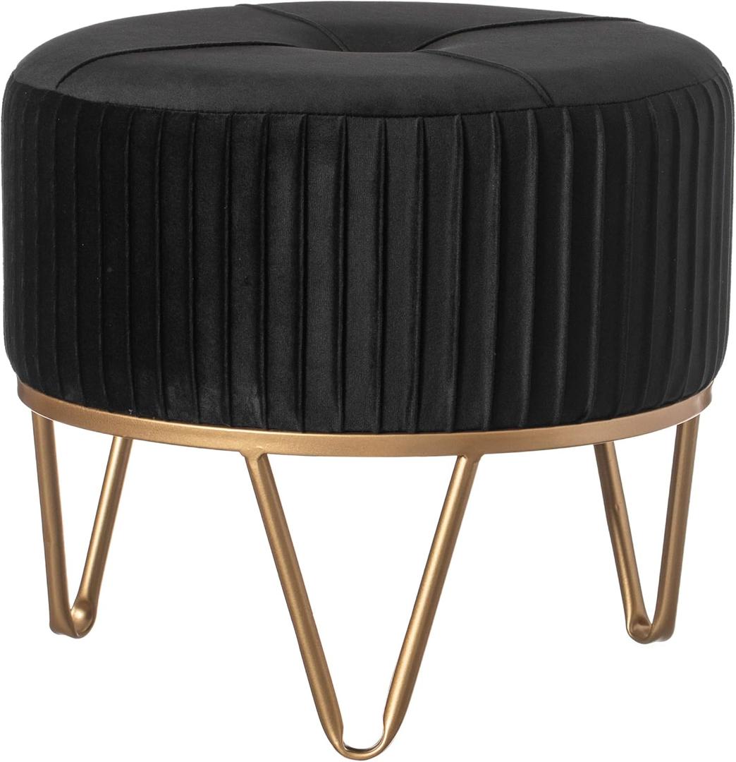 Round Velvet Ottoman Stool Raised with Hairpin Gold Base, Black, Small