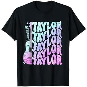 Girl Retro Taylor First Name Personalized Groovy 80's Pink T-Shirt Black
