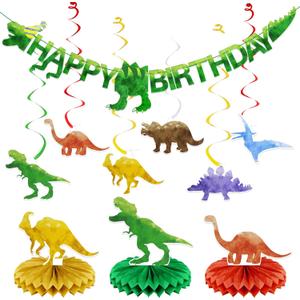 Pre-Strung Dinosaur Birthday Decorations - Dinosaur Happy Birthday Banner,Party Decorations for Boys Girls Kids,Dino Theme Hanging Swirl, Honeycomb Centerpiece Table Decor