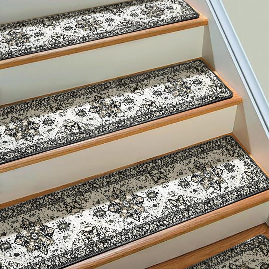 Boho Stair Treads Non Slip - Carpet Stair Treads for Wooden Steps Indoor, Stair Rugs for Kids, Elders and Dog, Stair Runners for Wooden Steps, 7pc  ; 9.5 x 7.5 x 0.7 inches