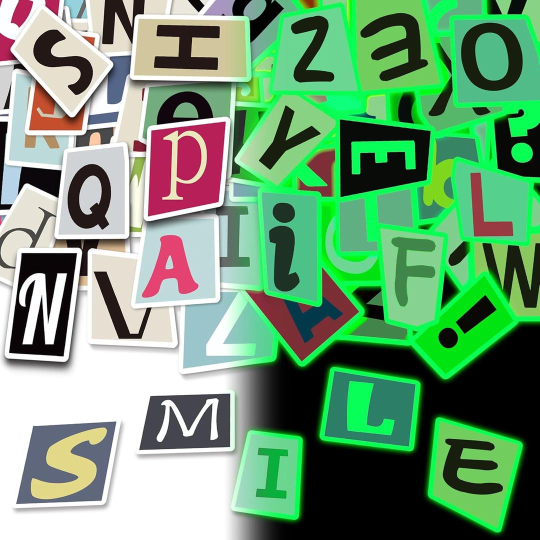 2 x 108 Pcs Alphabet Stickers Glow in The Dark, Vinyl Letters A-Z Water Bottle Sticker Pack for Teens, Waterproof Skateboard Laptop Decals for Adults Kids Girls Boys