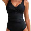 Women's One Piece Swimsuits Tummy Control Bathing Suits for Womens V Neck Criss Cross Ruched Push Up Slimming Swimwear (Large, Black)