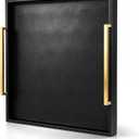24"x24" Square Extra Large Leather Ottoman Tray with Gold Handles, Black