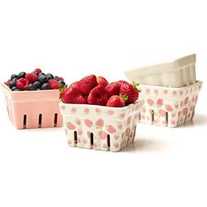 Farmhouse Ceramic Berry Basket, Colander, Strawberry Decor, Fruit Bowls/Baskets, Kawaii Kitchen bowl, Pink White and Cute Strawberry pattern Stoneware Harvest Square Bowls Set of 3