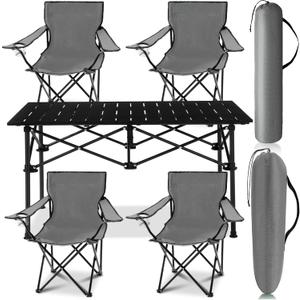 5 Pcs Summer Portable Camping Chair and Folding Camping Table Set Outdoor Oxford Fabric Folding Chair Lawn Portable Camp Table with Cup Holder Carry Bag for Travel Fishing Sport(Gray) (Grey)