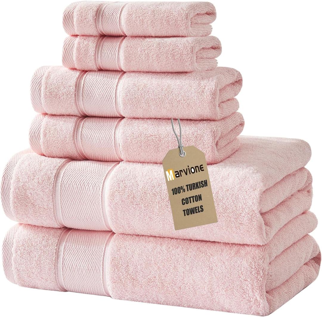 Marvione Bath Towels Set 6 Piece, 100% Turkish Cotton Highly Absorbent and Soft Towels for Bathroom 2 Bath Towels 2 Hand Towels 2 Washcloths, Pink