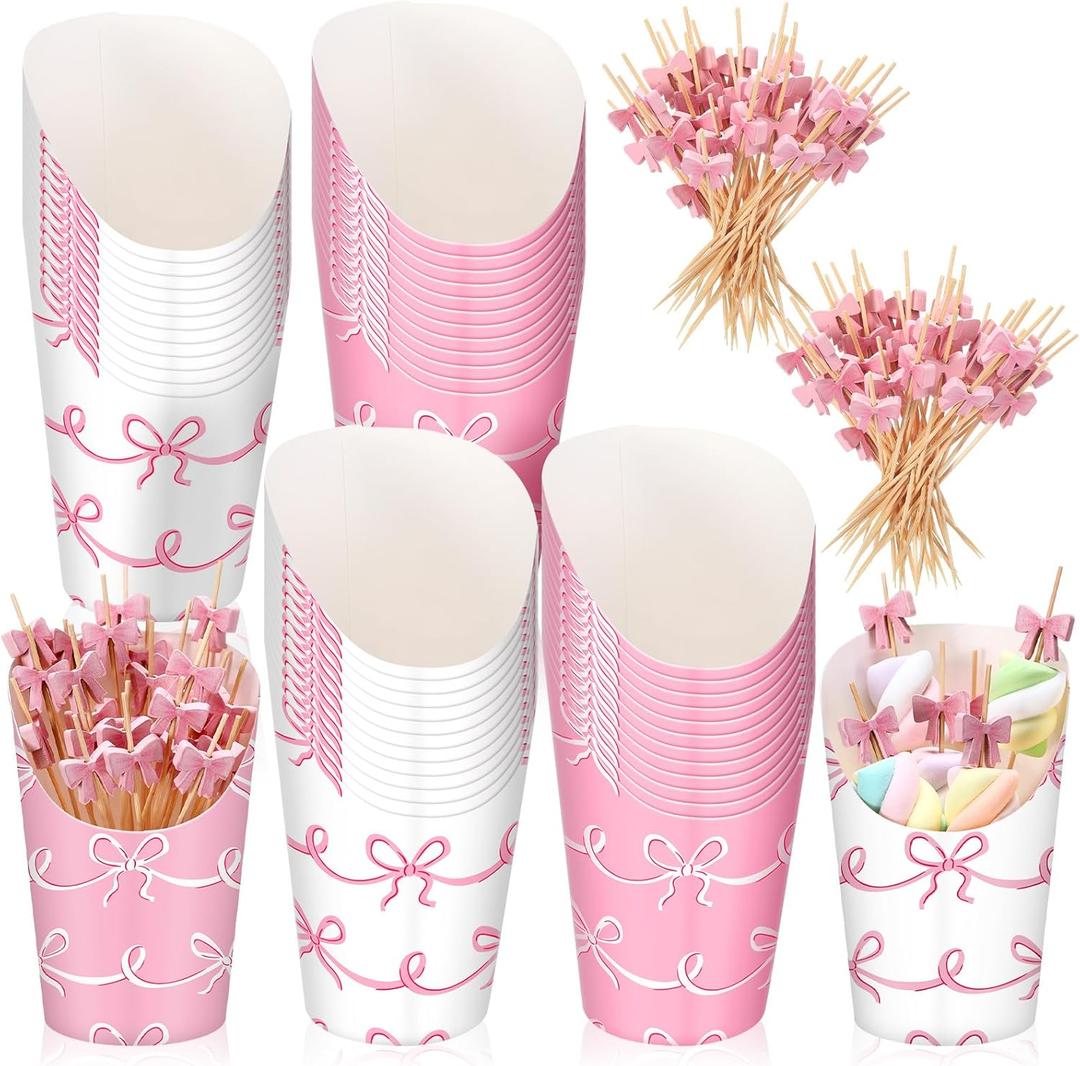 250 Pcs Pink Bow Charcuterie Cups with Picks Set 50 Pcs 16oz French Fries Cups 200 Cocktail Picks Disposable Snack Containers Fruit Sticks Bachelorette Party Supplies Birthday Party Decor
