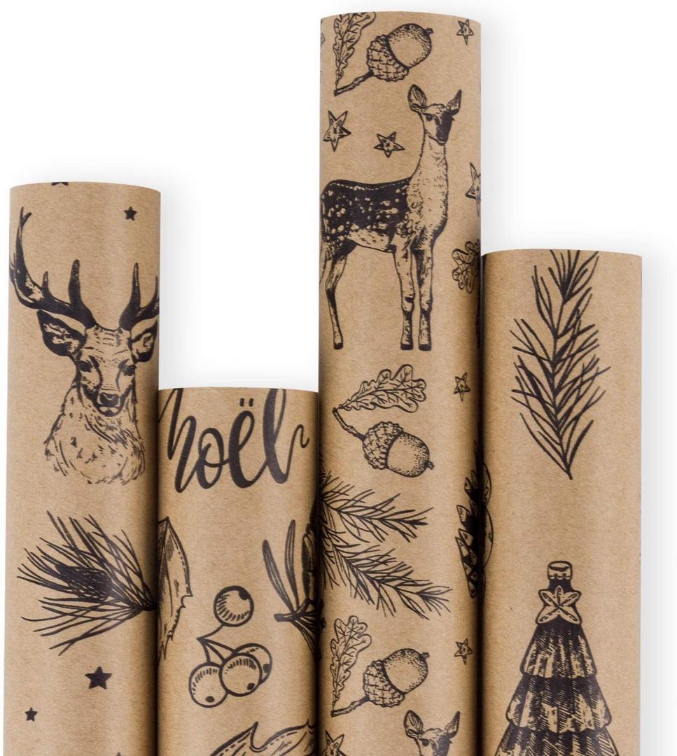 RUSPEPA Christmas Wrapping paper - Brown Kraft Paper with Black Christmas Elements Print Paper - 4 Roll-30Inch X 10Feet Per Roll