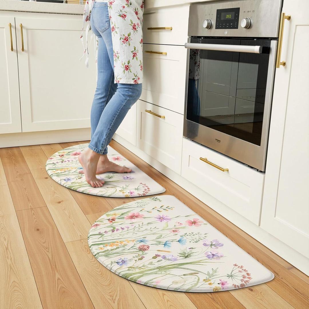 KIMODE Anti Fatigue Kitchen Mats for Floor, Half Moon Kitchen Rugs Sets of 2, 18"x28" Farmhouse Rugs for Kitchen Floor, Standing Desk Mats, Memory Foam Kitchen Floor Mats for Laundry Office Sink (18" x 28"+18" x 28"--0.47 inches(Semicircular), Floral/White)