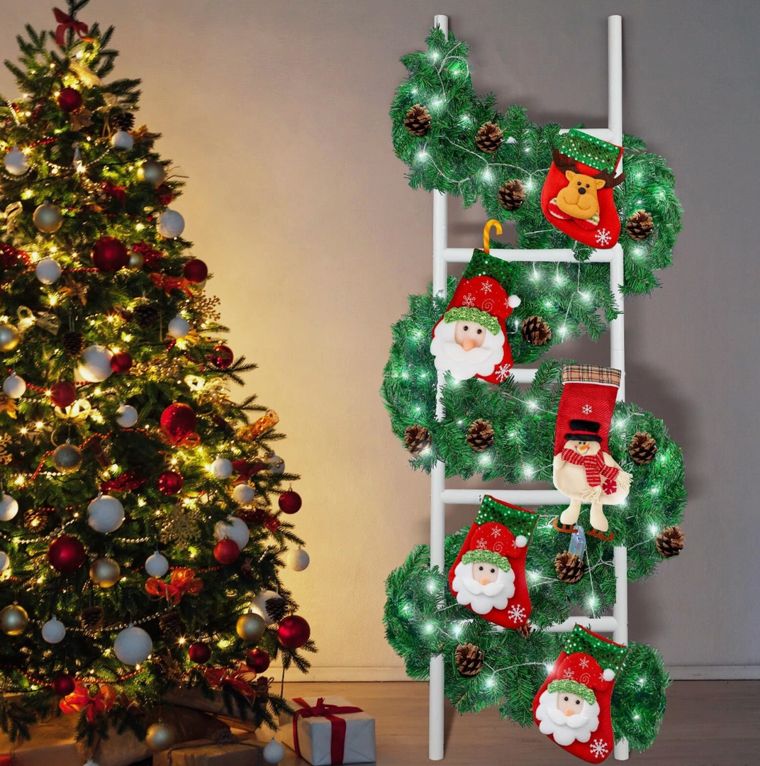 Tigeen 59 Inch 3 Pack Lighted Christmas Stocking Holder Stand for Wall 10 Hook Wooden Christmas Ladder Stocking Hanger Artificial Garland Battery Operated Light for Xmas Holiday Party(Novel Style)