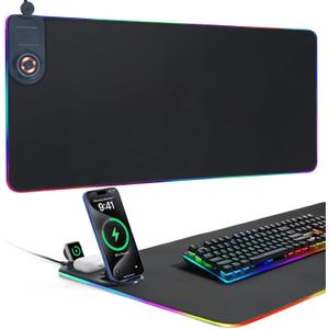 ELUTENG 4-in-1 RGB Gaming Mouse Pad with Phone Holder, Wireless Charging Desk Mat, Waterproof Ultra-Smooth Large Keyboard Pad, Non-Slip Base Home Office Desk Mat 35.43"x15.75"
