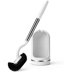 Toilet Brush and Holder Set, Curved Toilet Brush with Stainless Steel Handle, Under Rim Toilet Bowl Brush for Deep Cleaning, Drip-Proof, White