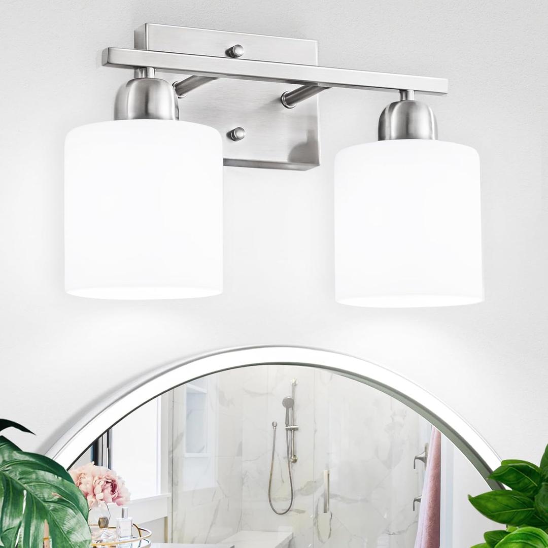 Brushed Nickel Bathroom Light, 2 Light Bathroom Vanity Light Brushed Nickel, Vanity Lamp with Milky White Frosted Glass Shades, E26 Socket