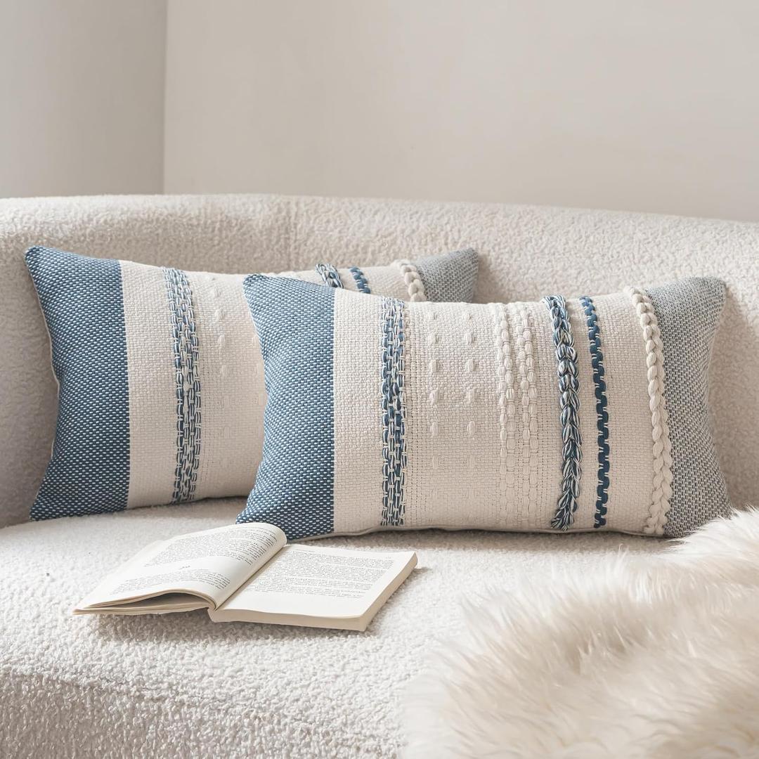 Cethom Boho Throw Pillow Covers 12x20 Inch Set of 2, Blue Textured Decorative Couch Pillow Cases for Farmhouse Home Decor, Accent Cushion Cover for Sofa, Bed, Living Room, Bedroom