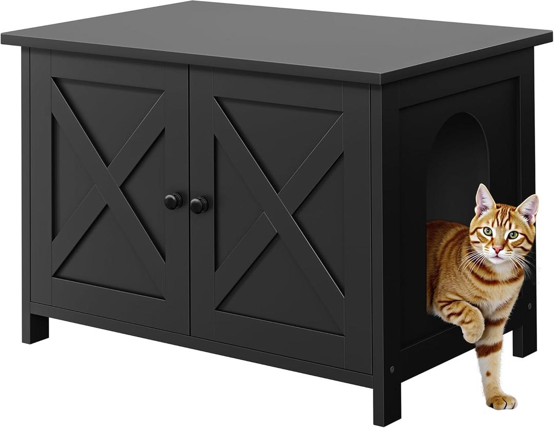 Shintenchi Cat Littler Box Enclosure, Litter Box Furniture Hidden with Removable Divider, Cat House with End Table, Black, 31.5 inch, Black