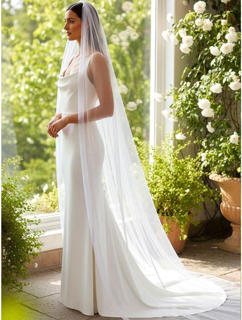 HEREAD Bride Wedding Veil Long Cathedral Chapel Length White Bridal Tulle Veils with Comb and Ribbon Edge for Women (Ivory)