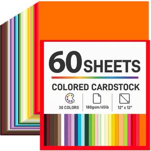 SallyFashion 60 Sheets Colored Cardstock Paper 12x12, 65lb/180gsm Cardstock in 30 Vibrant Colors for Card Making, Scrapbooking & DIY Crafts, Die Cutting
