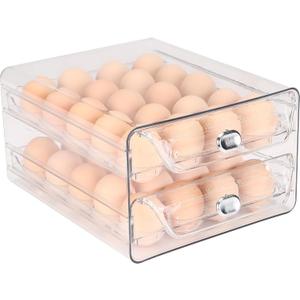Sea Team Clear Plastic Egg Holder for Fridge, Stackable Refrigerator Egg Container with 2 Removable Trays, Dispenser for Kitchen Storage and Organizer (9.8 x 8.5 x 5.5" / 1-Pack)