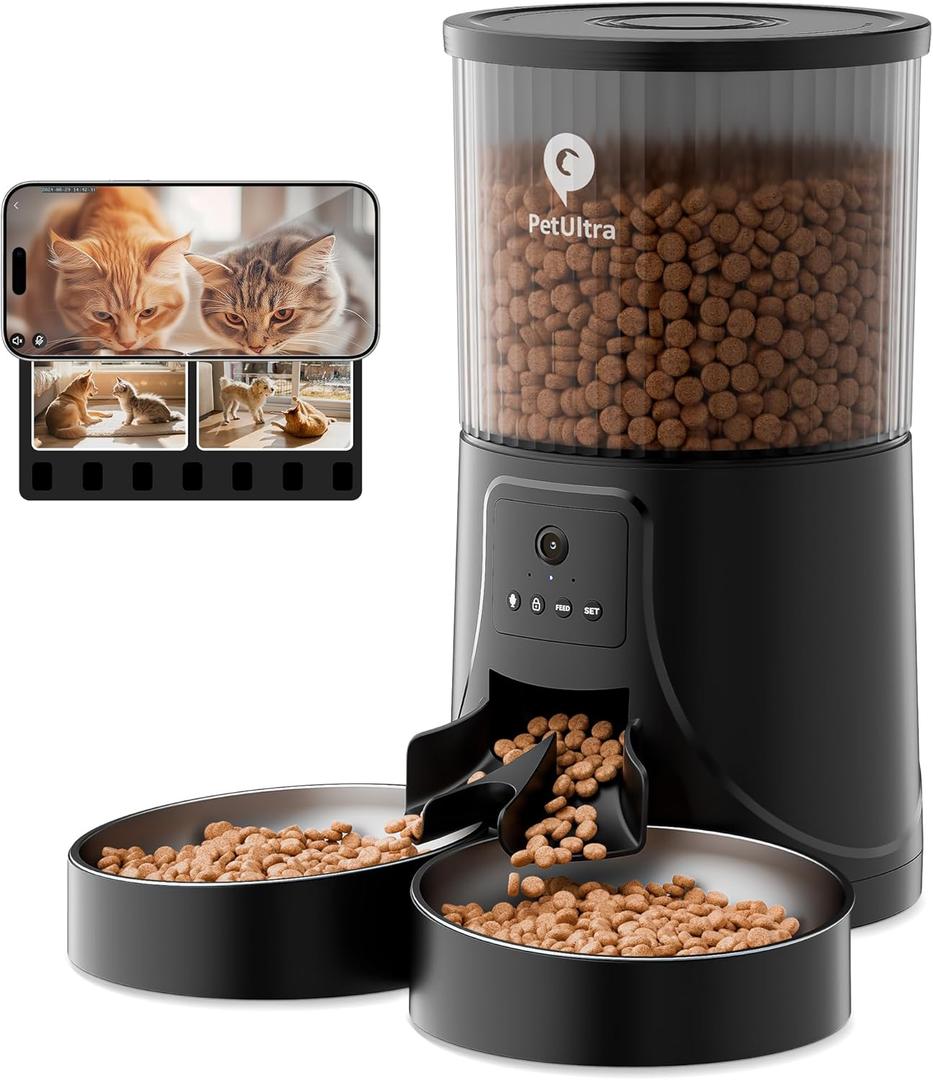 Automatic Cat Feeder for 2 Cats: Dual Feeder with 2.4G WiFi Remote Control, HD Camera, 2-Way Audio, Timed Auto Pet Feeding for Multiple Cats- Detachable & Easy to Clean with Desiccant Bag
