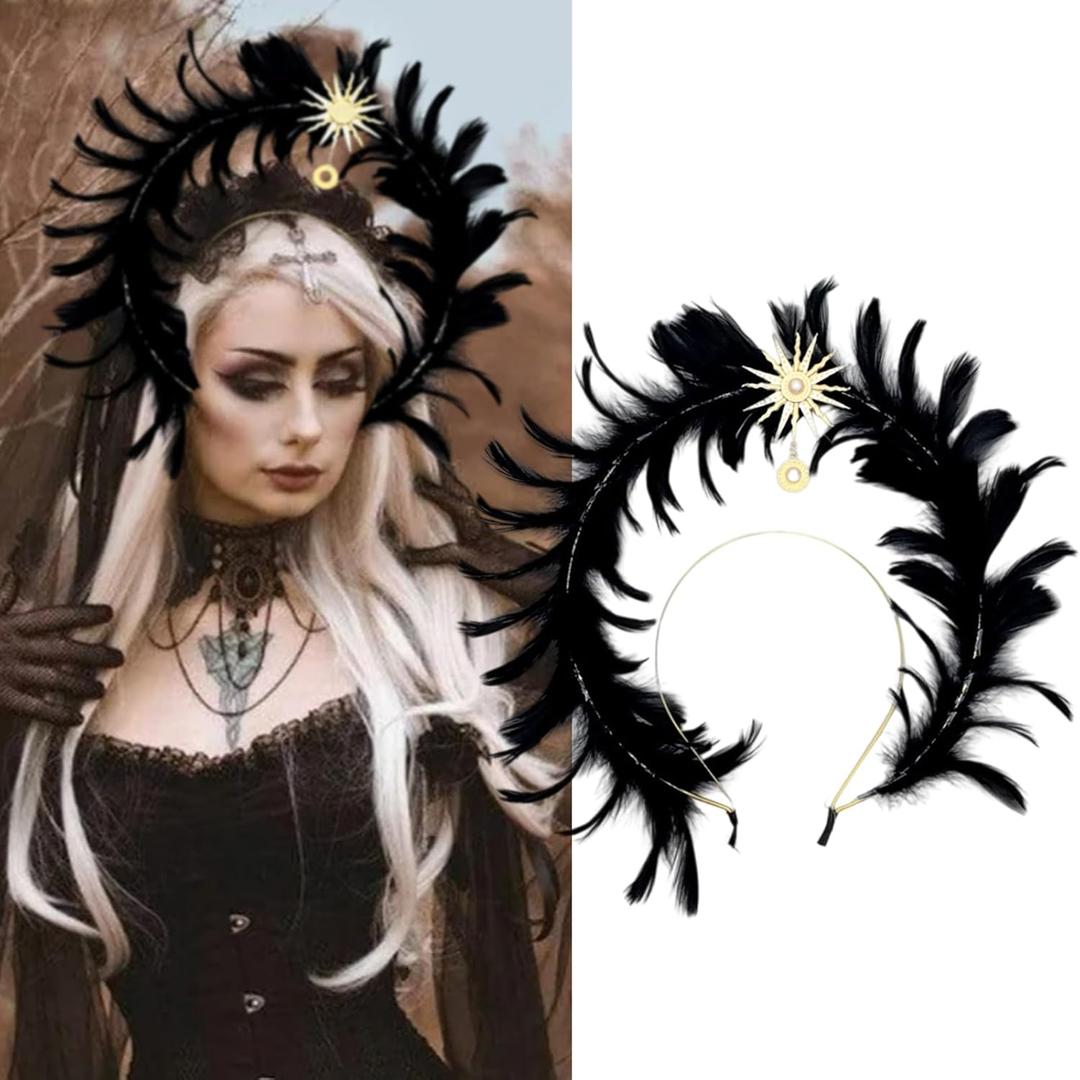 mdgfge Halloween Mary Halo Black Feather Headband Gothic Vintage Headpiece Lolita Ballet Style Swan Hair Accessories for Women Cosplay Masquerade Wedding Party Supplies