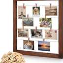 Sintuff Photo Display Board with Clips Farmhouse Picture Collage Board Picture Frame Clothesline Photo Display Stand Decor for Wedding Baby Shower Grad Postcard(Flat Edge,Walnut Wood,23 × 23 Inches)