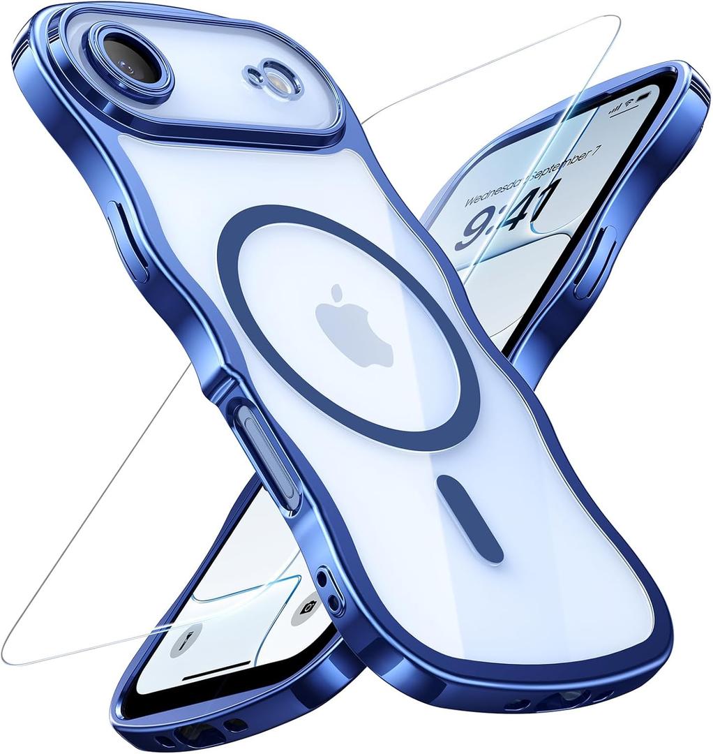 for iPhone Air Case: [Cute Wave Frame][Fit for MagSafe] Military Drop Shockproof Protection, Camera Protective, Glossy Slim Magnetic Wavy Phone Cover for Women Girls 6.5'', Clear/Blue