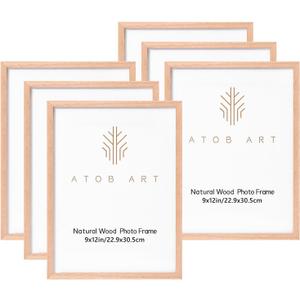 ATOBART 9x12 Picture Frames Solid Wood, 6 Pack OAK Photo Frame Set with Real Glass Cover, Natural Wood Color Frames, for Wall Mounting or Tabletop Display