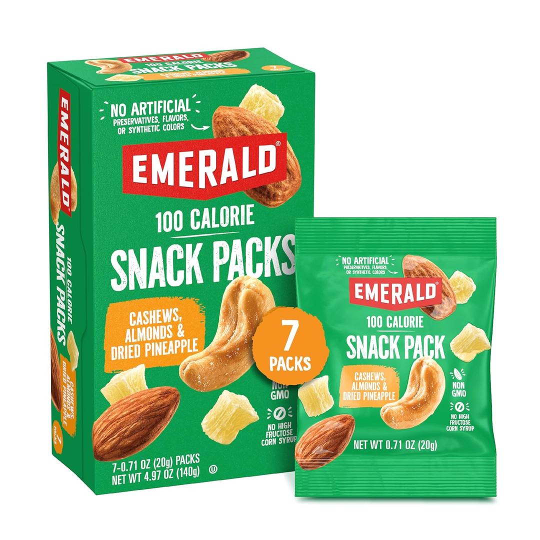 Emerald Nuts Cashews and Almonds with Dried Pineapple 7 Ct (1-Pack), 100-Calorie Individual Packs of Mixed Nut Blend and Dried Fruit