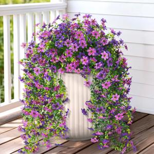 Artificial Hanging Flowers for Outdoors, 2 Pcs Fake Hanging Plant Spring Summer Decor, UV Resistant No Fade Realistic Faux Flower for Front Door Porch Planter Patio Garden Yard(Double Purple)