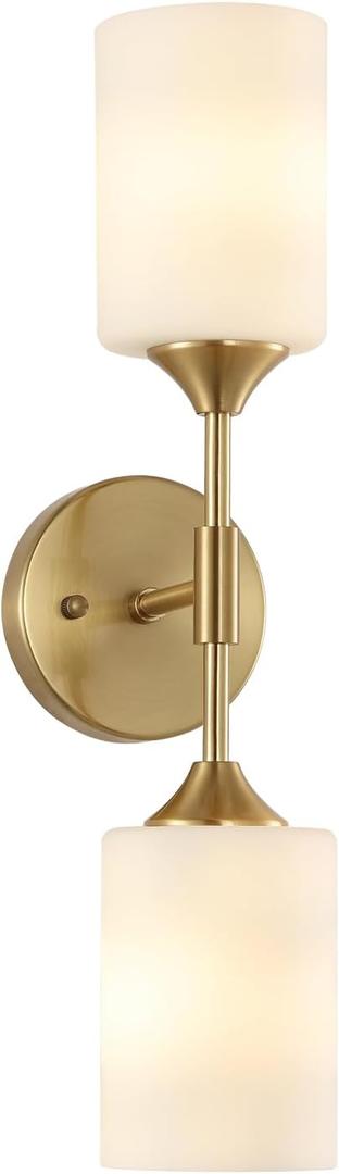 BYOLIIMA 2-Lights Gold Wall Sconce with White Cylinder Glass Shades Modern Mid Century Bathroom Vanity Wall Light Fixtures Industrial Brushed Brass Wall Lamp for Bedroom Mirror Living Room Restaurant