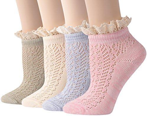 Funcat Lace Short Socks, Ladies Women Big Girl Gift Elastic Sheer Knitting Patterned Lolita Ankle Hosiery Socks 4 Pairs