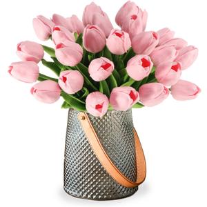 WeTop 30pcs Real Touch Tulips PU Artificial Flowers, Fake Tulips Flowers for Arrangement Wedding Party Easter Spring Home Dining Room Office Decoration. (Baby Pink, 14" Tall)