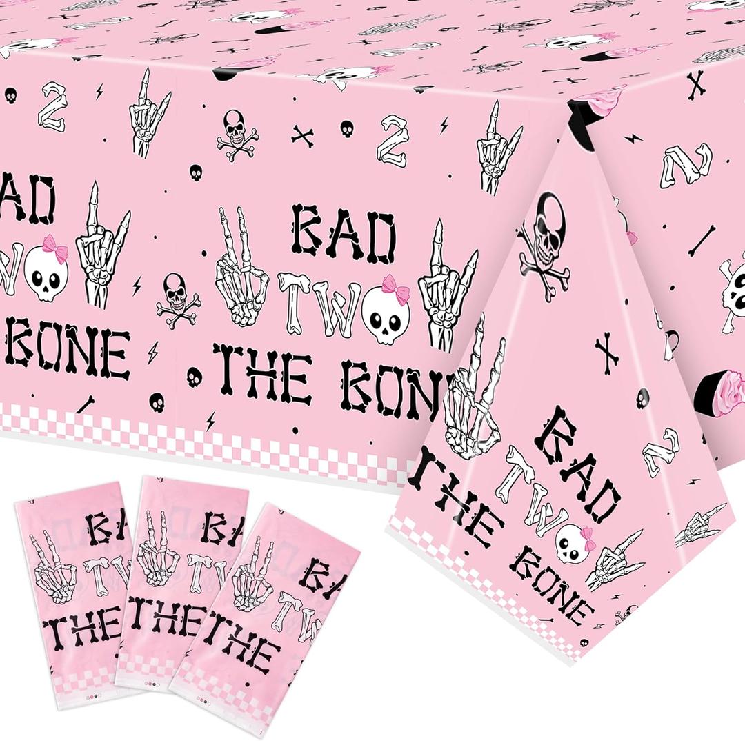 K1tpde 3PCS Bad Two The Bone Party Tablecloth for Girls, Music Themed 2nd Pink Plastic Tablecloth, Rock and Roll 2nd Disposable Table Covers for Birthday Decoration, Bad To The Skeleton Party Supplies, 86.6 inches x 51.2 inches