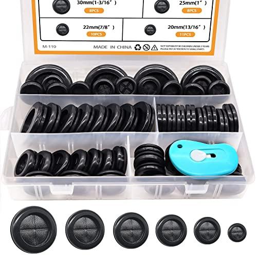 mankk 53Pcs Rubber Grommet Kit,6 Size (5/8" 13/16" 7/8" 1" 1-3/16" 1-1/2") Drill Hole Round Double Sided Rubber Hole Plug with Retractable Box Knife for Protecting Cable Wire M-119