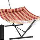 SUNCREAT Hammocks Portable Hammock with 12 ft Stand Included, Double Hammock with Curved Spreader Bar, Red Stripes