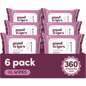 Goodwipes Flushable Butt Wipes Made with Vitamin E & Aloe - Soft & Gentle Wet Wipe Dispenser for Home Use, Septic & Sewer Safe - Largest Adult Toilet Towelettes - Rosewater, 360 Count (6 Packs), Best By: 01/09/2027