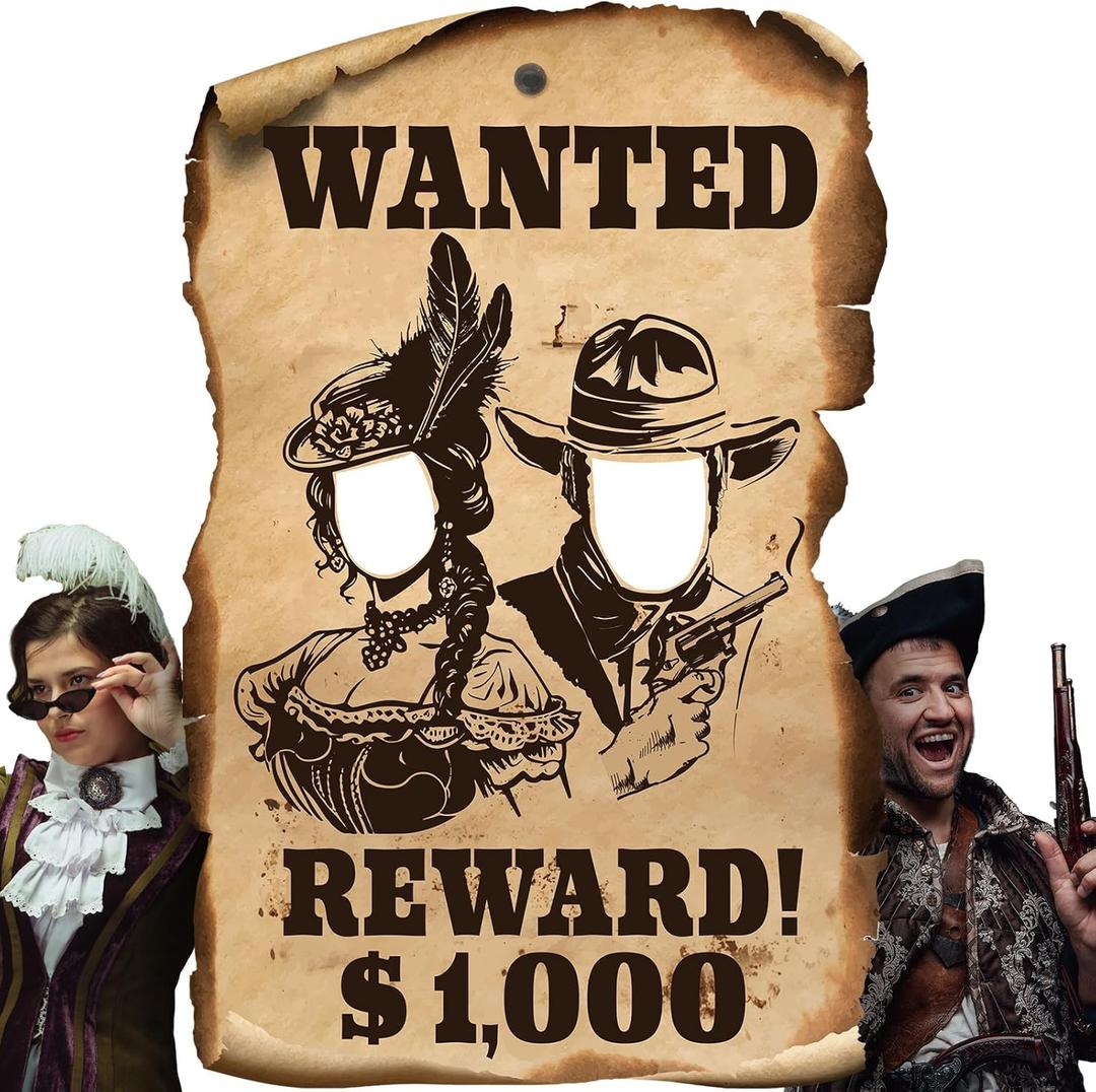 West Wanted Photo Prop Western Photography Backdrop 6 x 4 ft Wild West Selfie Poster Backdrops with Head Cutout for Rustic Western Cowboy Party Decoration Supplies