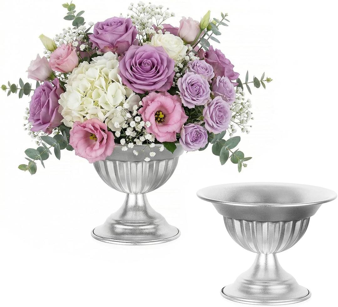 Sziqiqi Silver Urn Vase for Wedding: 5.1in Metal Vases Centrepieces for Table Decorations - Set of 2 Compote Vases for Flower Arrangement - Decorative Pot Bowl Vase for Birthday Party Anniversary